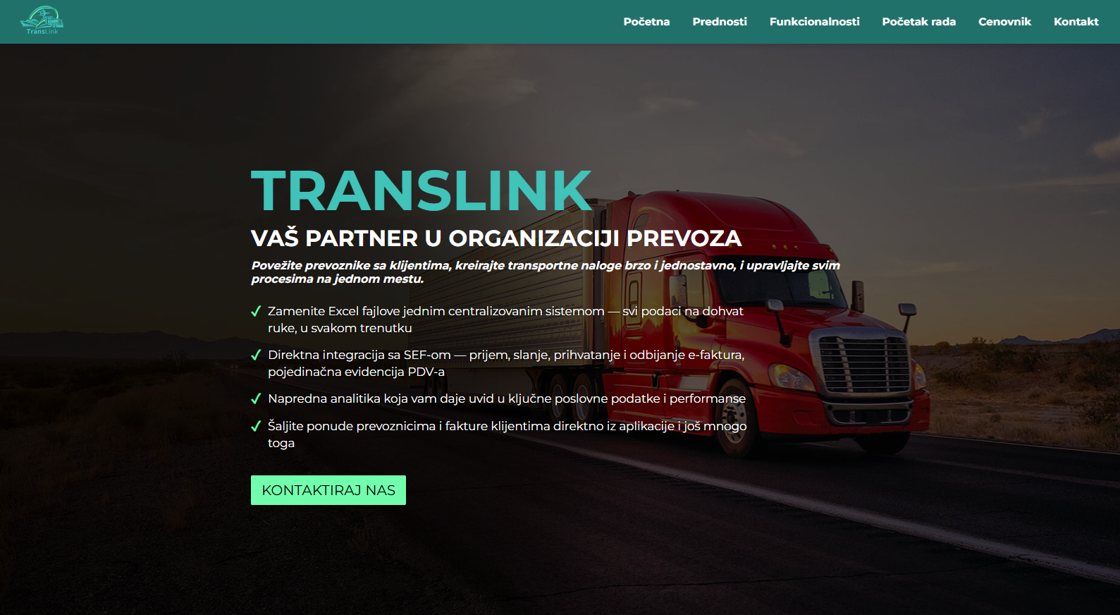 Prikaz početne stranice TransLink proizvoda